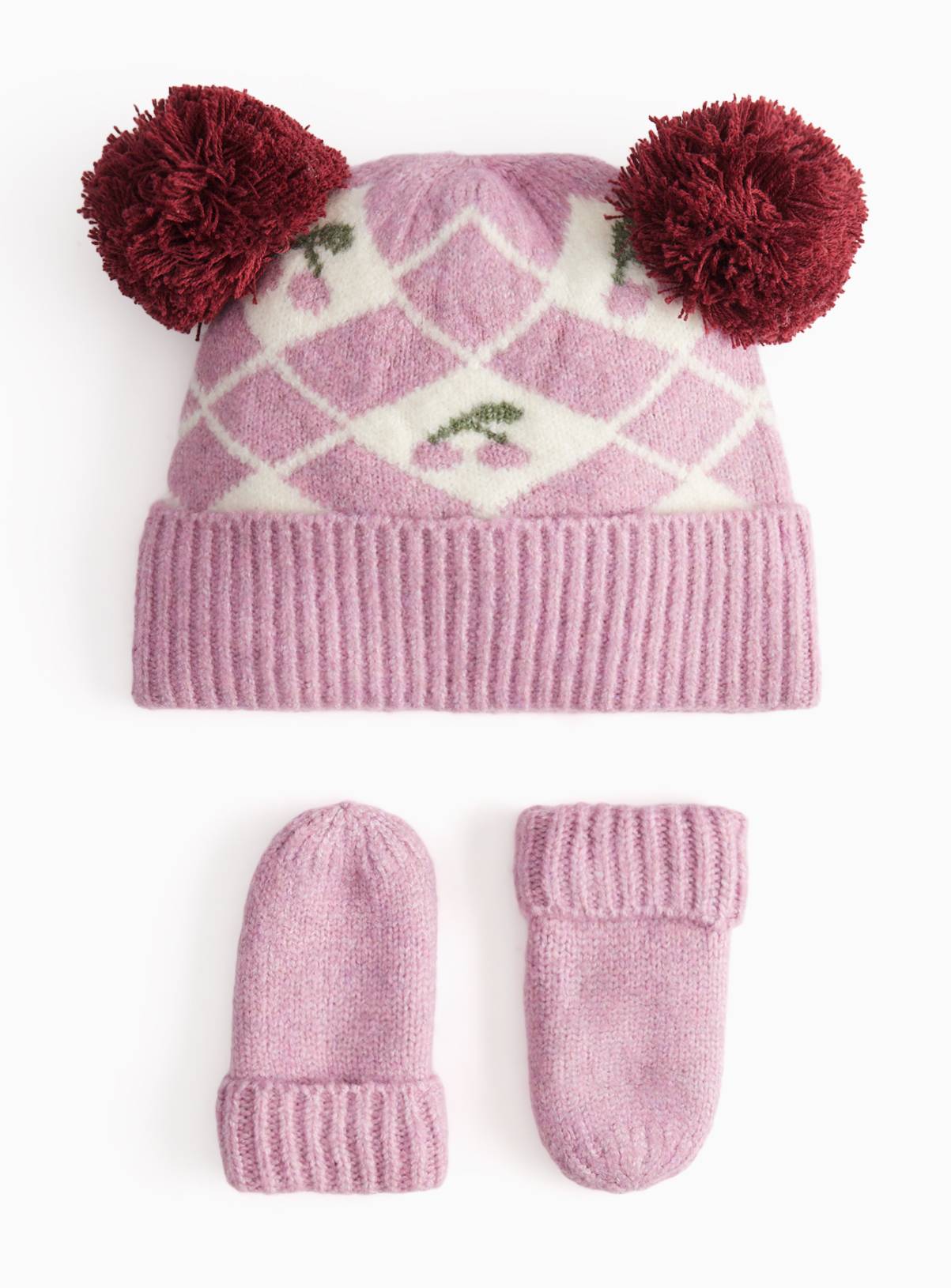 Cherry Double Pom Beanie & Mittens Set 6-12 months - Image 1